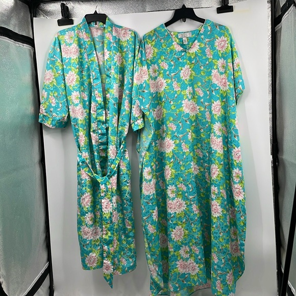Vintage 90s Erika Taylor Intimates Teal Floral Jacquard 3pc Lounge Set Medium